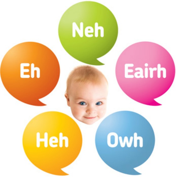 Les 5 sons du Dunstan Baby Language autour d'un visage de bébé