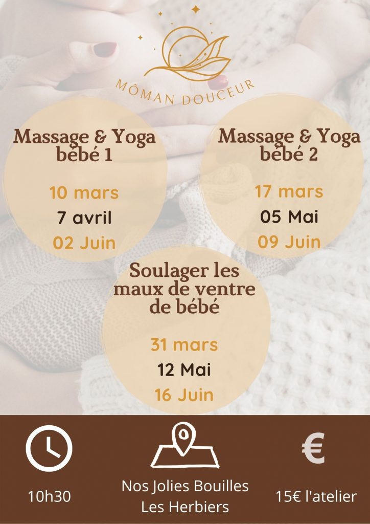 affiche des dates des ateliers de massage et yoga bébé à la boutique nos jolies bouilles situées aux Herbiers